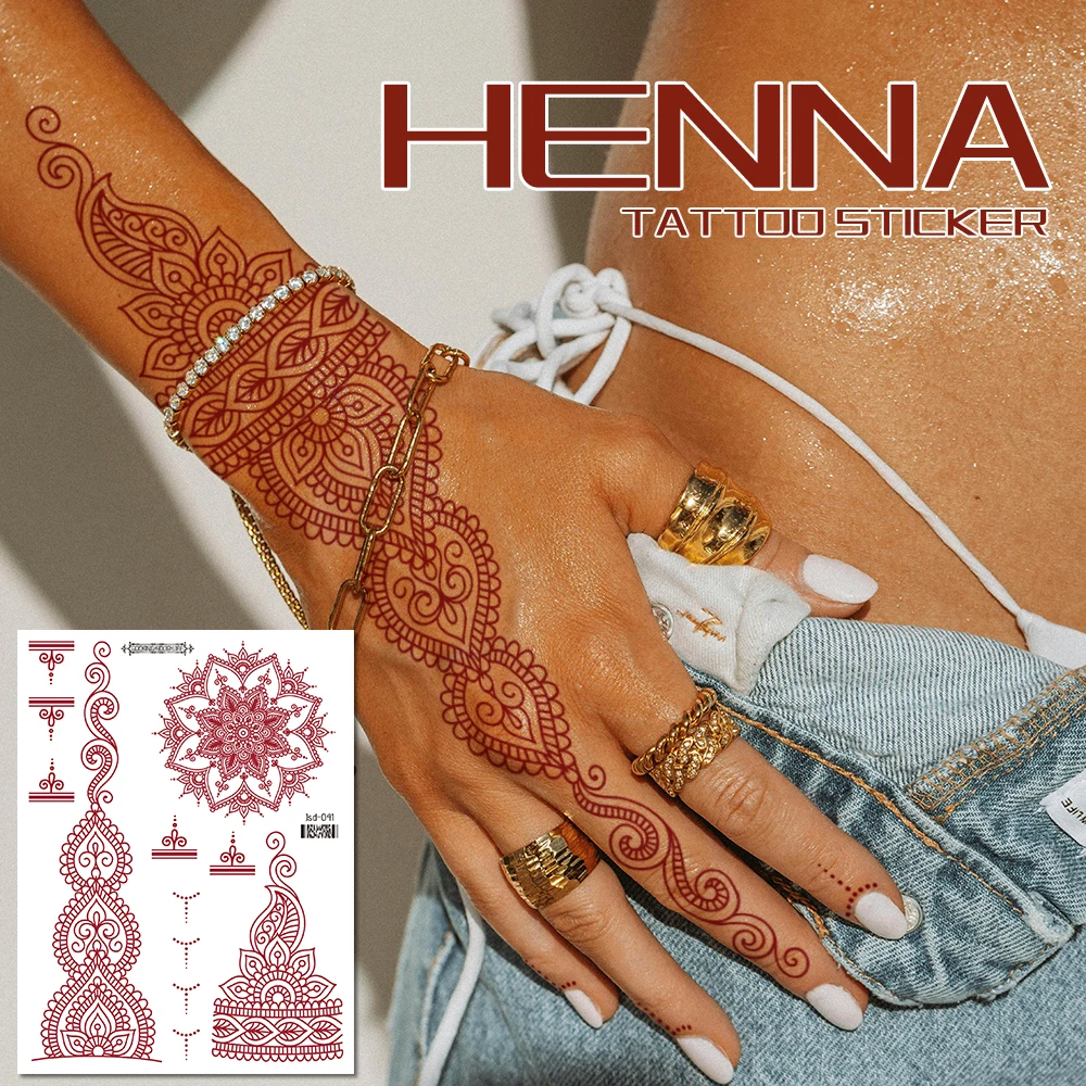 6 Sheets India Mehndi Design Brown Red Maroon Tattoo Stickers, Water Transfer Fake Henna Tattoos For Women Full Hand Tattoos