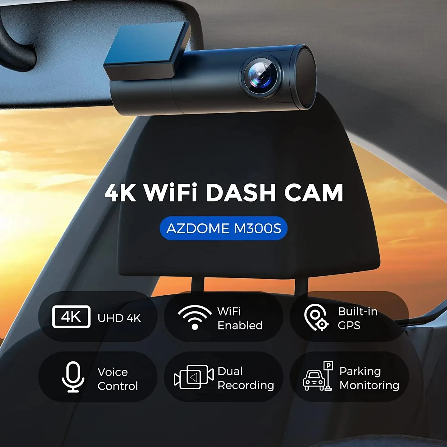 AZDOME M300S 4K Dash Cam Night Vision WDR WiFi Voice Control 1 Year Warranty Front/Rear Dual Lens Parking Video Recorder