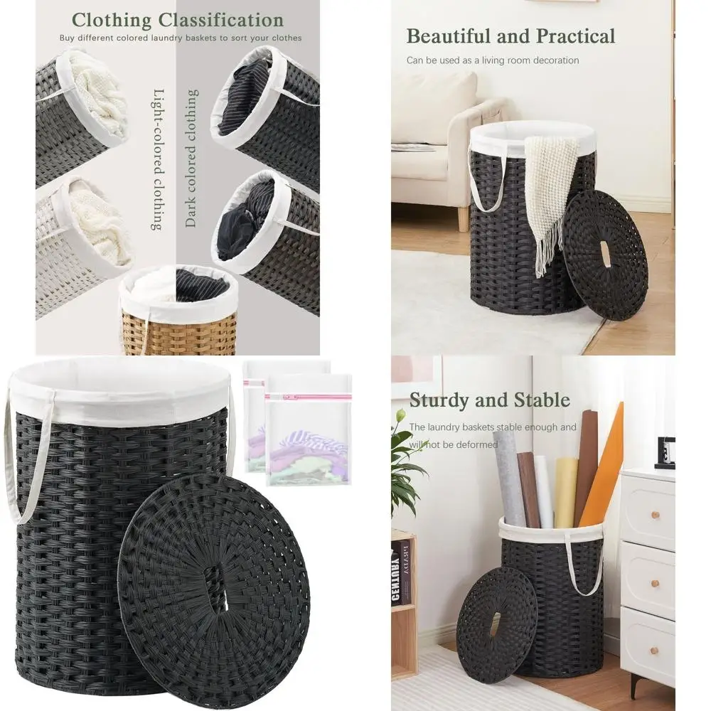 

Круглая плетеная корзина для белья из ротанга с крышкой и ручками, вместимость 29,1 галлона, в комплект входит съемный вкладыш и 2 сетчатых мешка для домашнего сто