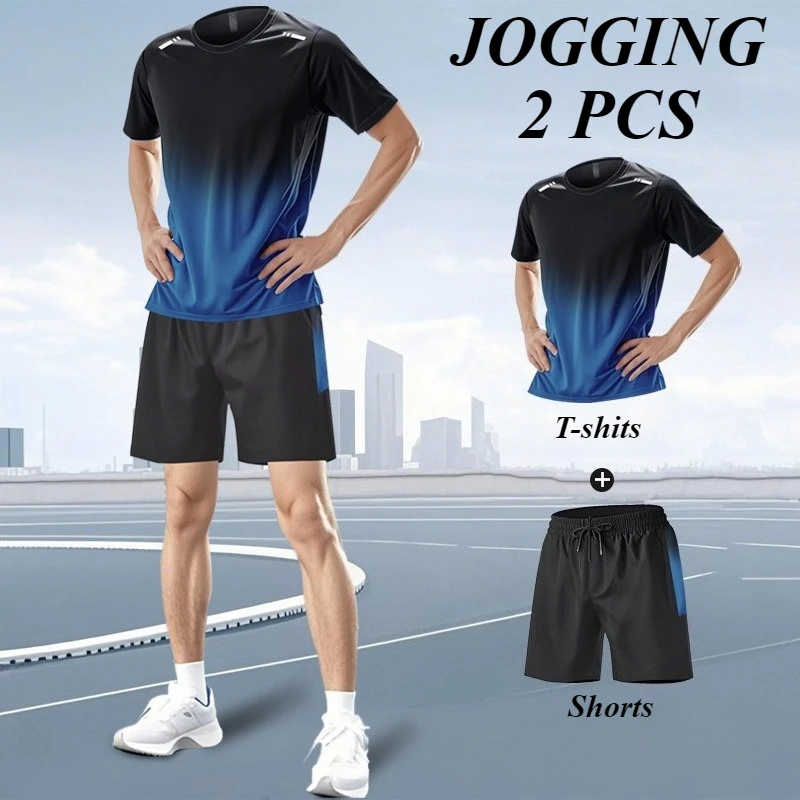 Men's Summer Suit Outdoor Running Fitness Tracksuits Casual Short Sleeve T-shirts Shorts 2 Piece Fashion Quick Dry Sports Sets