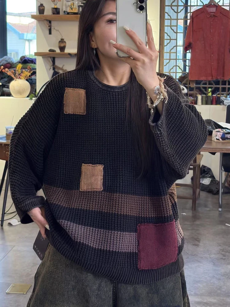 Amax LuluE Autumn Ladies Vintage Knitted Pullover Fashion Big Size Sweaters Womens Leisure Loose Patchwork Warm O Neck Jumpers