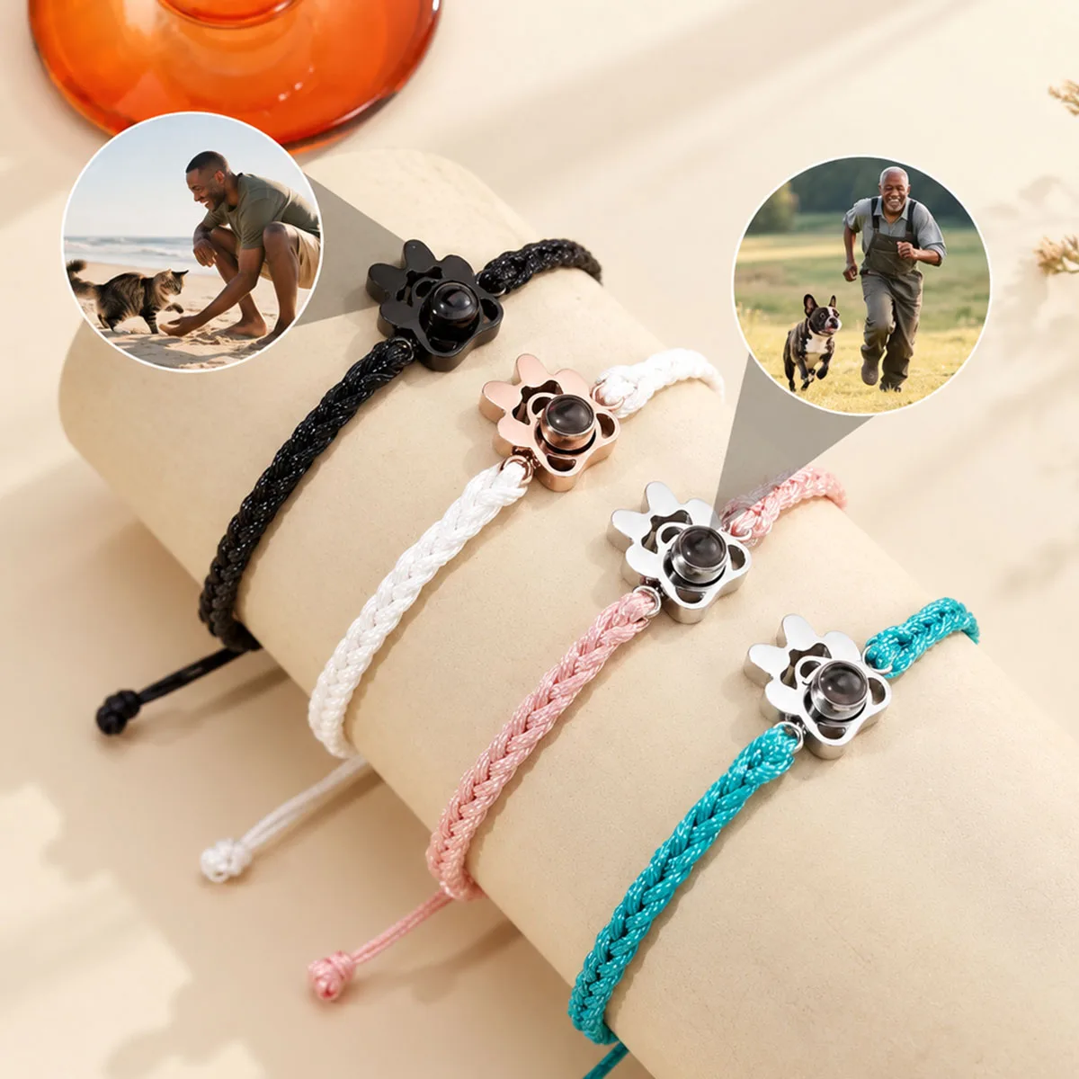Custom Pet Photo Braided Rope Projection Bracelet Personalized Dog Paw Bracelet with Picture Inside Memorial Image Gifts For Her