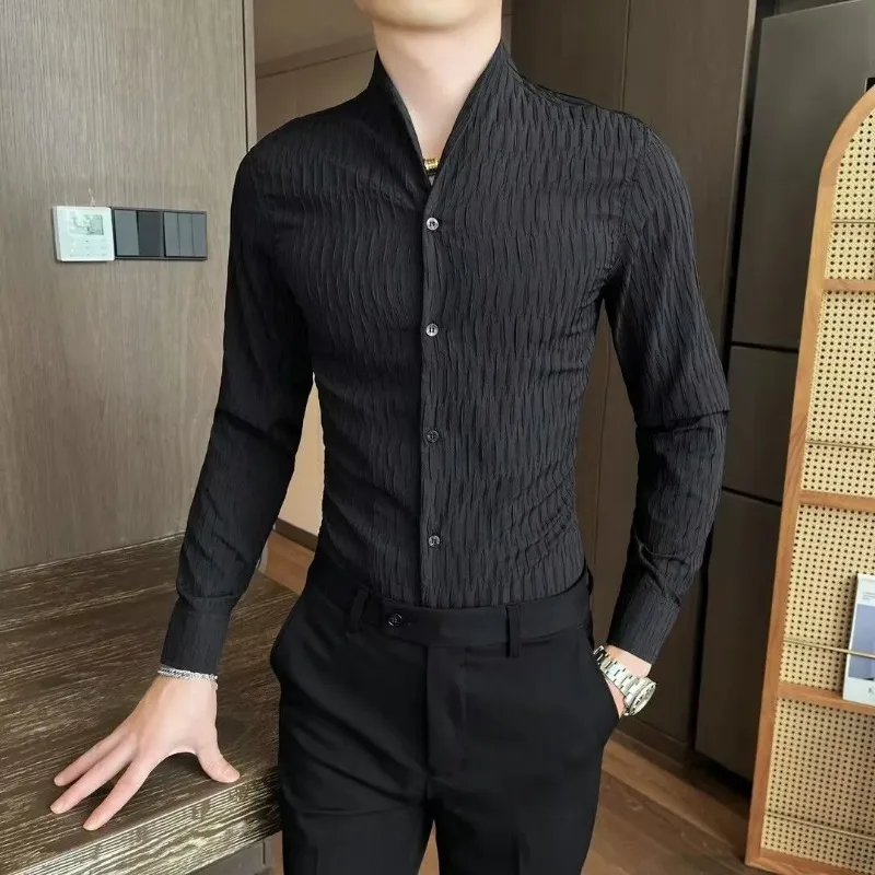 

Men's Slim Fit Mandarin Collar Long Sleeve Shirt Textured Fabric Casual Business Shirt