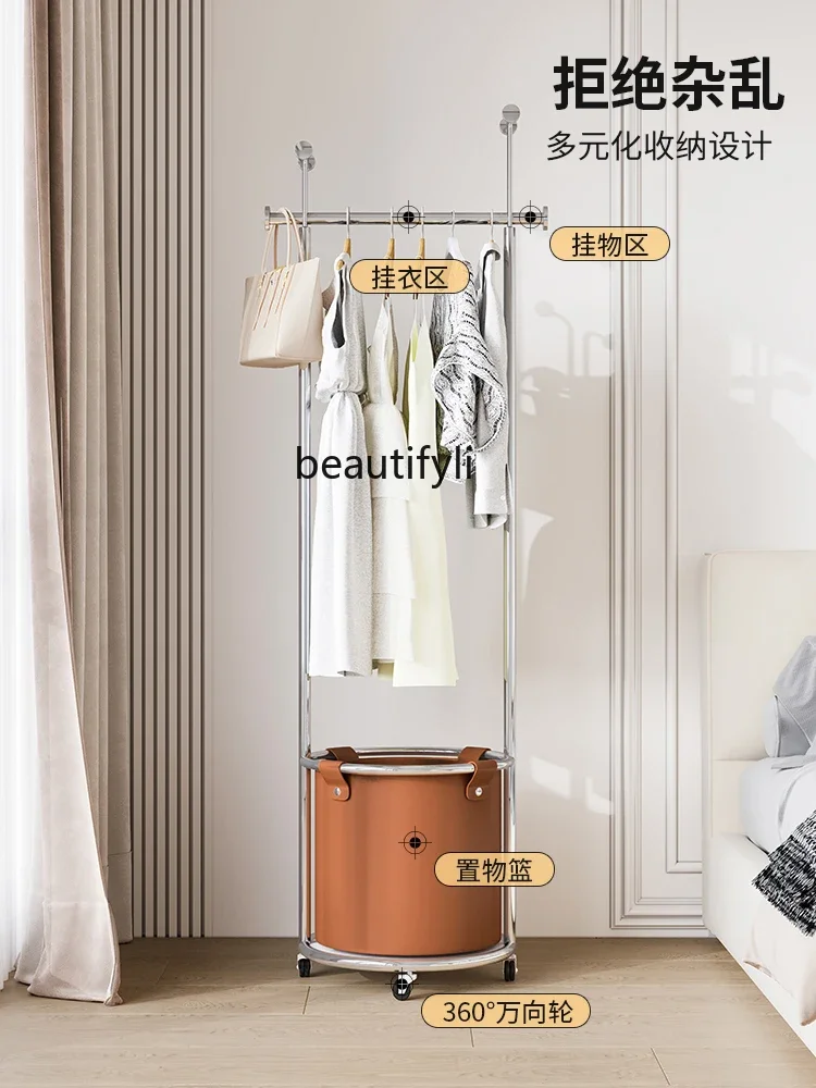 

B7304 ss Light Luxury Movable Coat Rack Stainless Steel Entrance Clothes Hanging Rack Leather Pocket Storage Hanger