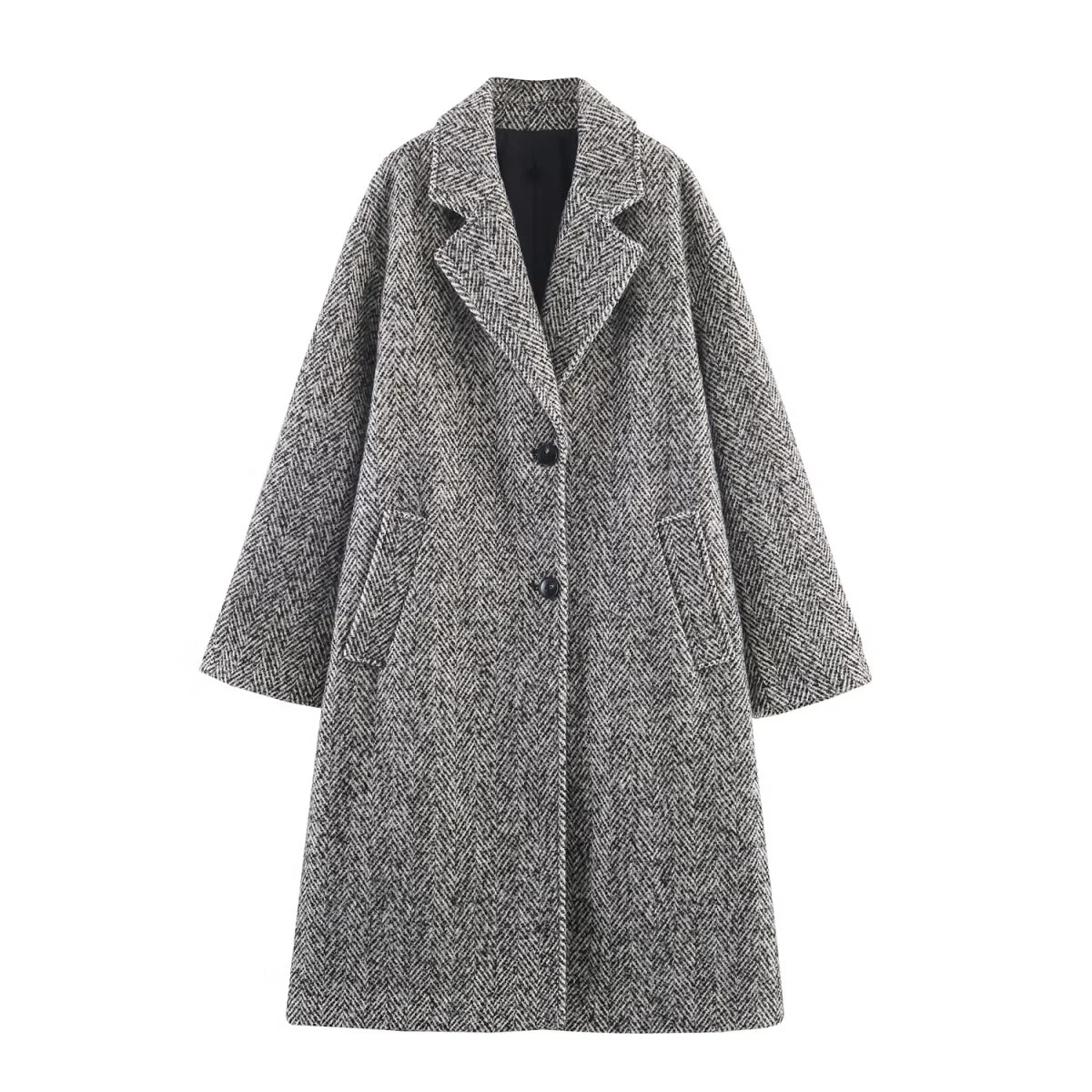 European and American 2025 winter new women's loose casual long sleeved simple herringbone diagonal coat jacket
