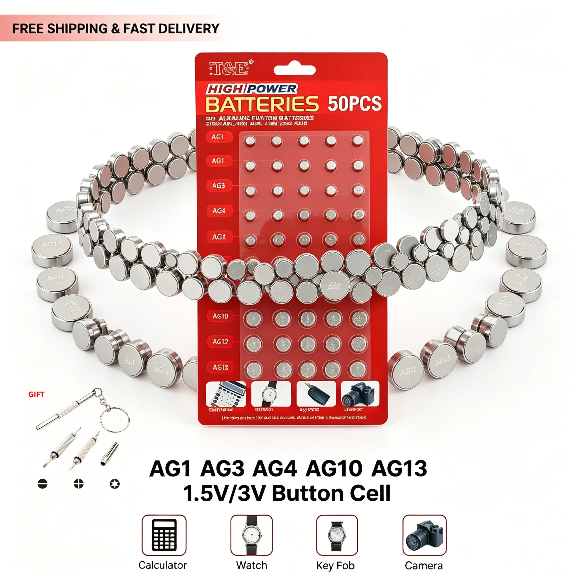 50PCS/Card 1.5V/3V AG13 LR44 L AG1 AG3 AG4 AG10 AG12 SR44 Button Batteries A76 LR1154 GP7 Coin Cell for Watch Toys Remote