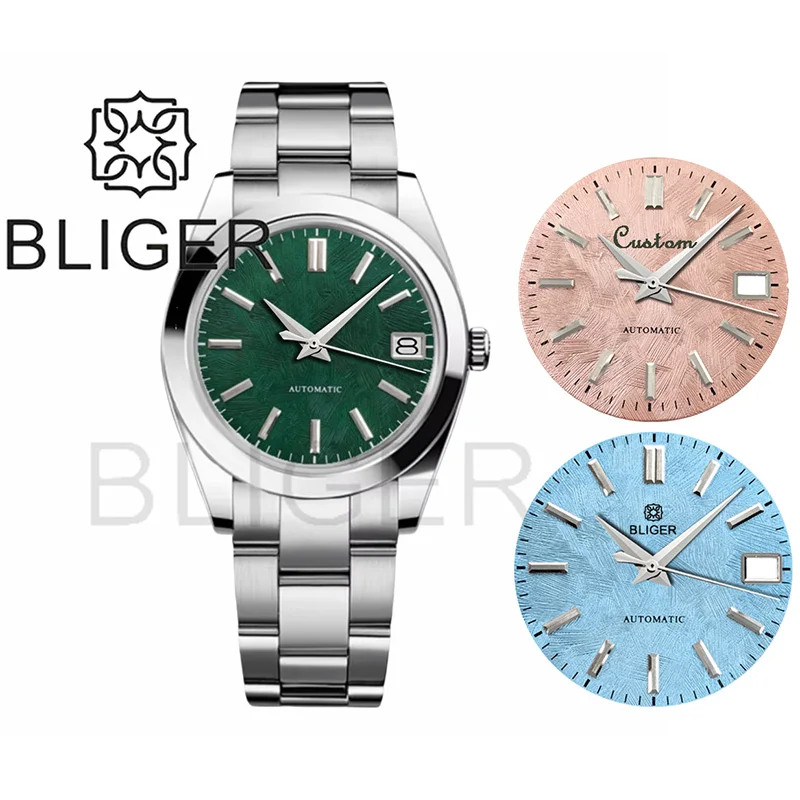 BLIGER 36mm39mm Custom logo Green Dial Watch Sakura Pink Ice Blue Texture Dial Sapphire Glass Waterproof NH35 Automatic Movement