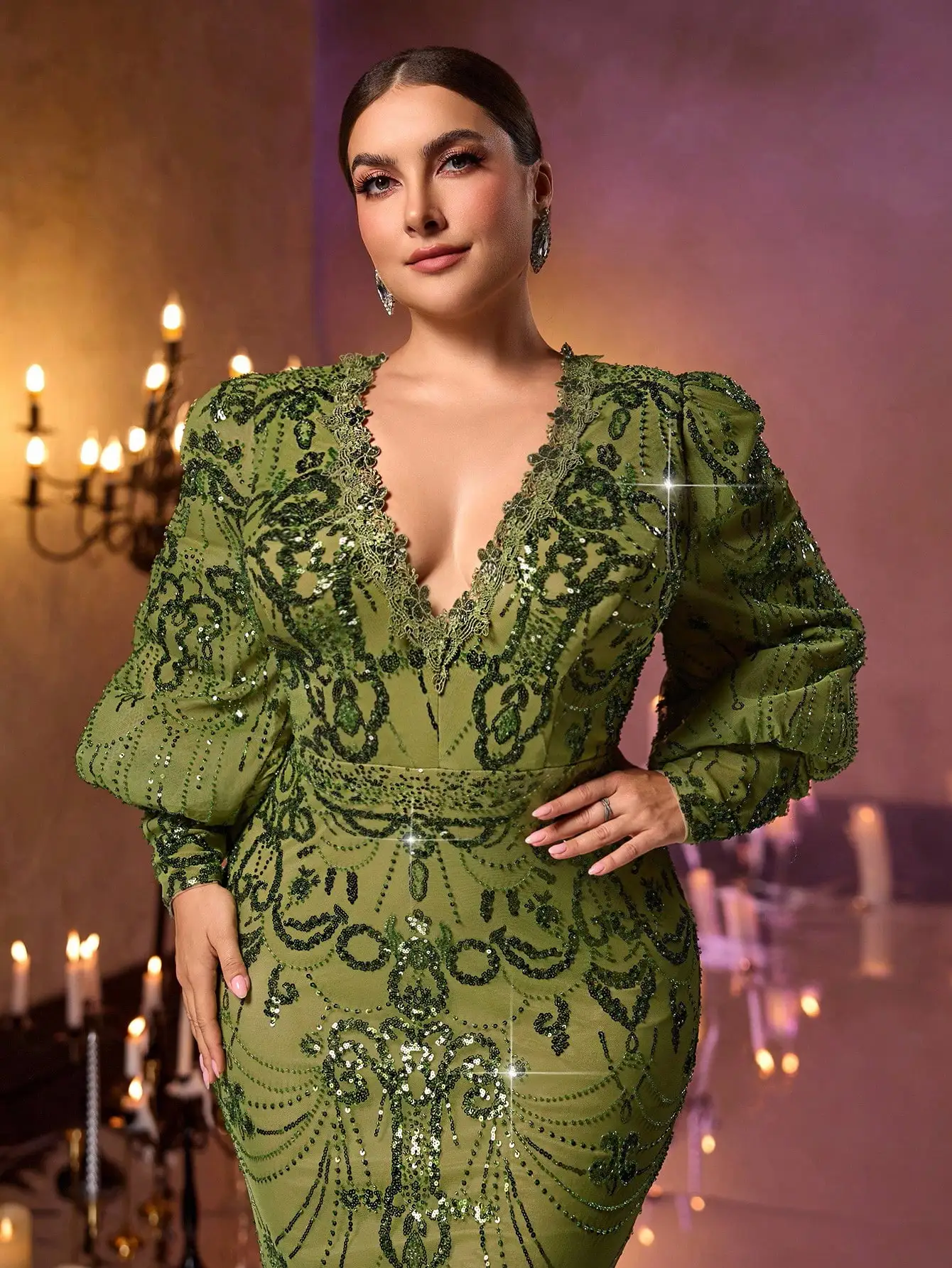 

Платье-русалка с глубоким V-образным вырезом, длинными рукавами и пайетками, цвета авокадо, для свадеб, вечеринок и выпускных вечеров, больших размеров.