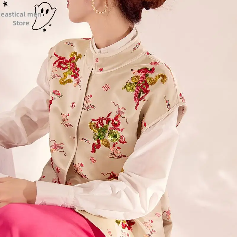 

New Chinese Style Embroider Glitter Chesongam Top Sleeveless Vest Tang Clothes Satin Shirt Skirt Women Spring Festival Costume