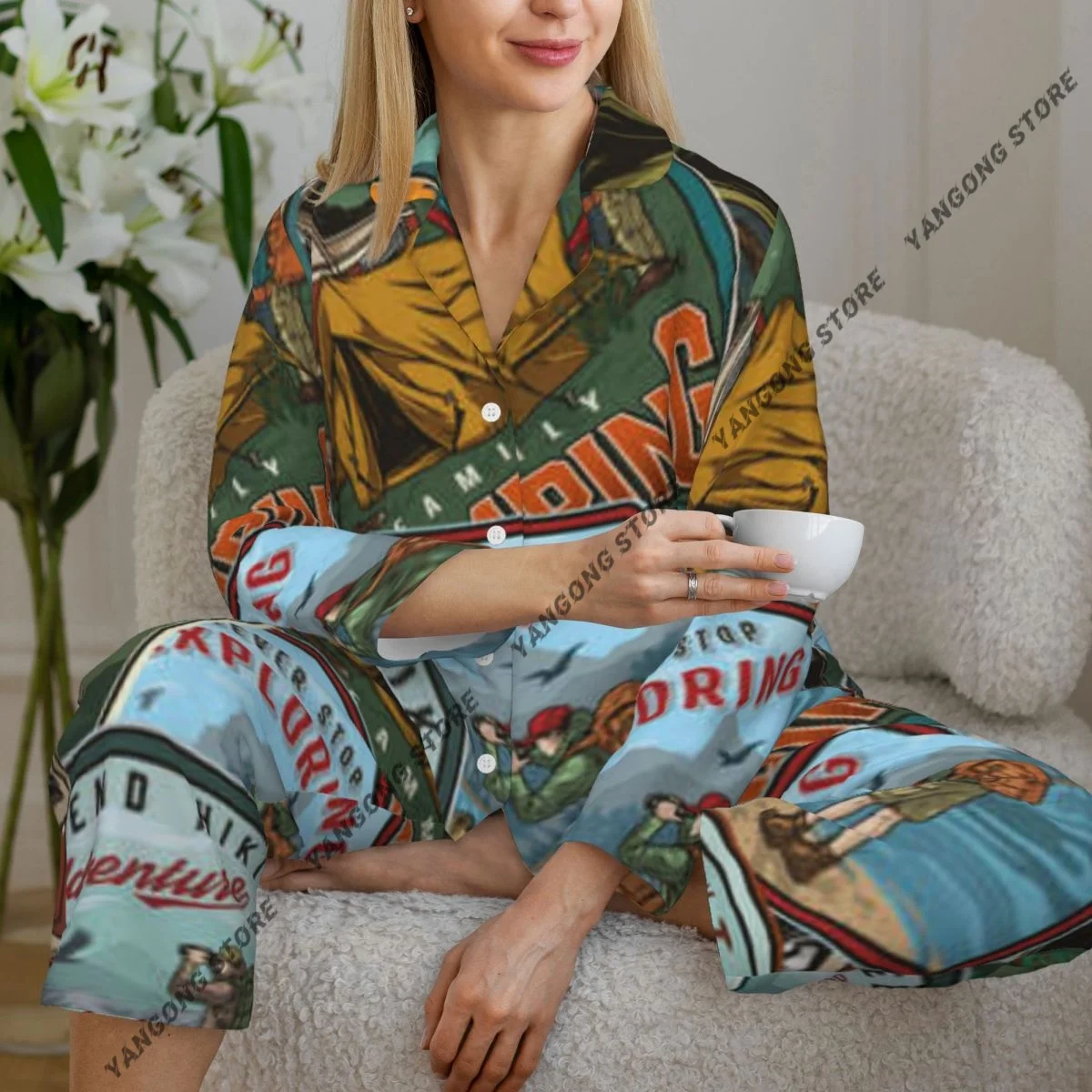 

Женская одежда для сна, домашняя одежда, красочный узор, рубашка с длинными рукавами и лацканами, брюки с эластичной резинкой на талии, пижамный комплект