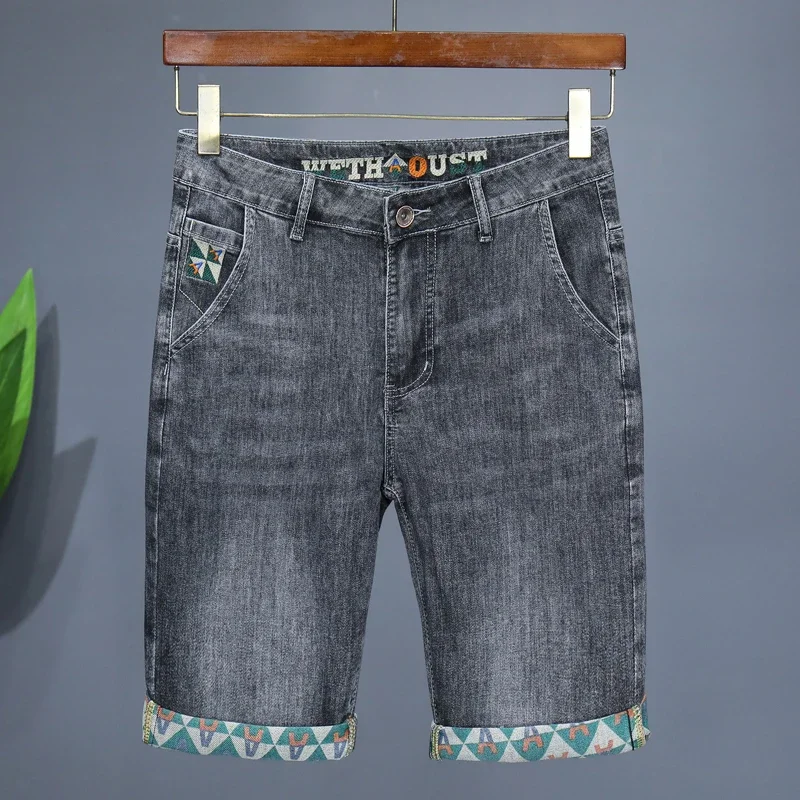 

Summer Thin Men's Denim Shorts Fashion Printed Comfortable Straight Elastic Jeans Knee Length Casual Korean Pants Streetwear