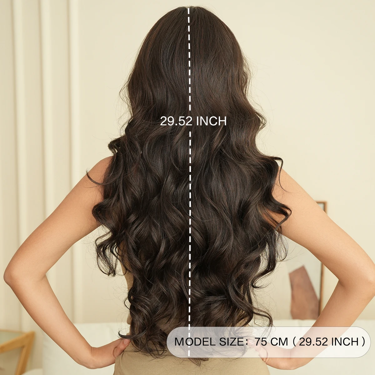 Long Body Wave Dark Brown Wig for Women Synthetic Heat-Resistant Modest Fashion Wear and Go Black Tea Wigs with Neat Bangs - view 4
