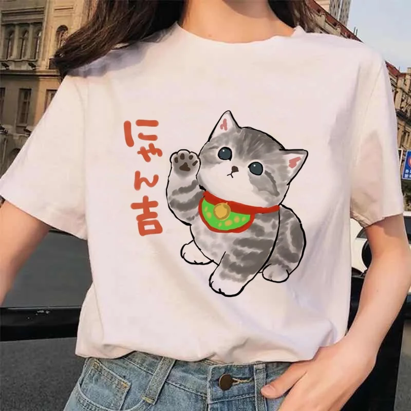 Sommer kawaii Cartoon Katzen gedruckt Frauen T-Shirts Harajuku Mode Freizeit Rundhals ausschnitt vielseitige wilde Kurzarm Top Unisex
