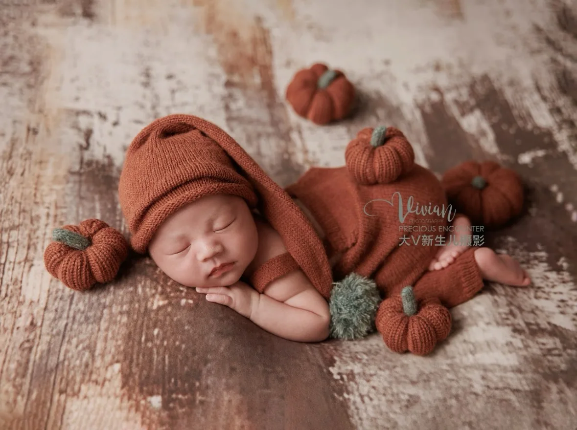 Newborn Photography Props Baby Knitted Pumpkin Outfit Fall Halloween Theme Handmade Crochet Hat Romper Photo Shoot Studio Props