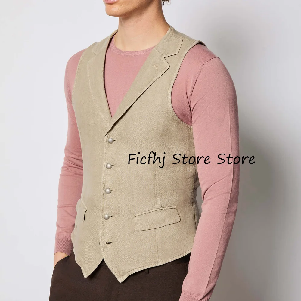 

Linen Men's Sleeveless Vest Notched Lapels Single-breasted Suits Casual Flap Pockets Fashion Suit Working Blazer Clothing