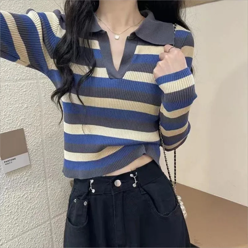 

Autumn Winter Women's Knitted Striped Casual Sweaters Long Sleeve Pullover Loose Korean All-match Fashion Female Jumpers