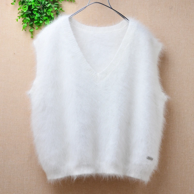 Ladies Women Fashion Fall Winter Clothing Hairy Mink Cashmere Knitted Sleeveless O-Neck Loose Pullover Jumper Sweater Vest Tops