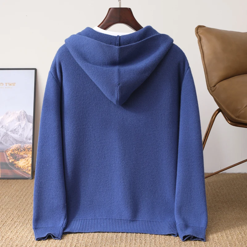 

Мужской кардиган с капюшоном, 100% мериносовая шерсть, трикотаж, свитер, осень-зима, плотная кашемировая толстовка с капюшоном, повседневное пальто, популярная корейская одежда