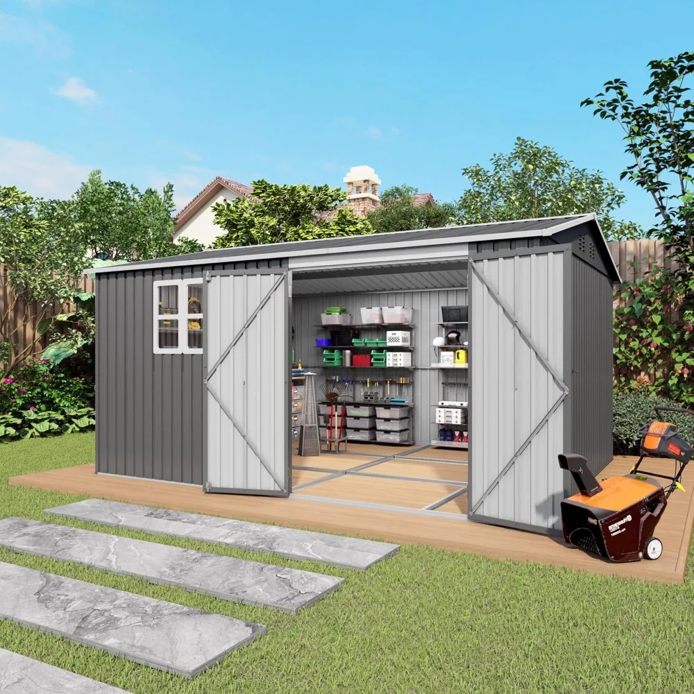 

12x9.8x6.6 FT Outdoor Storage Shed with Floor Frame, Metal Shed with Sloping Roof & Lockable Double-Door & Clear Windows.
