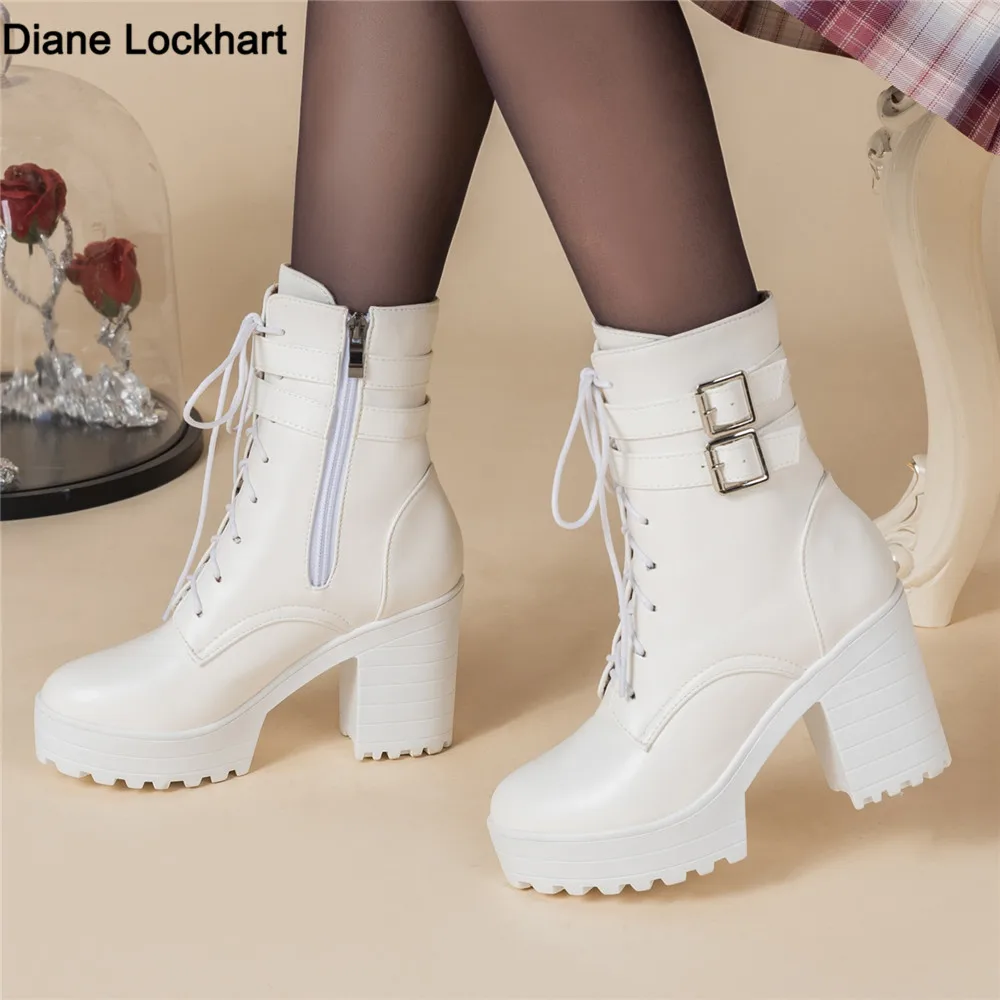 

Autumn Winter Shoes Women Motorcycle Boots Ladies Boot Stylish Lady Ankle Boots High Heel Platforms Sexy Botas Buckle White