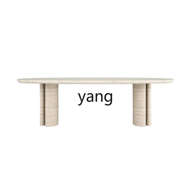 

LTT retro natural travertine dining table round home black solid wood