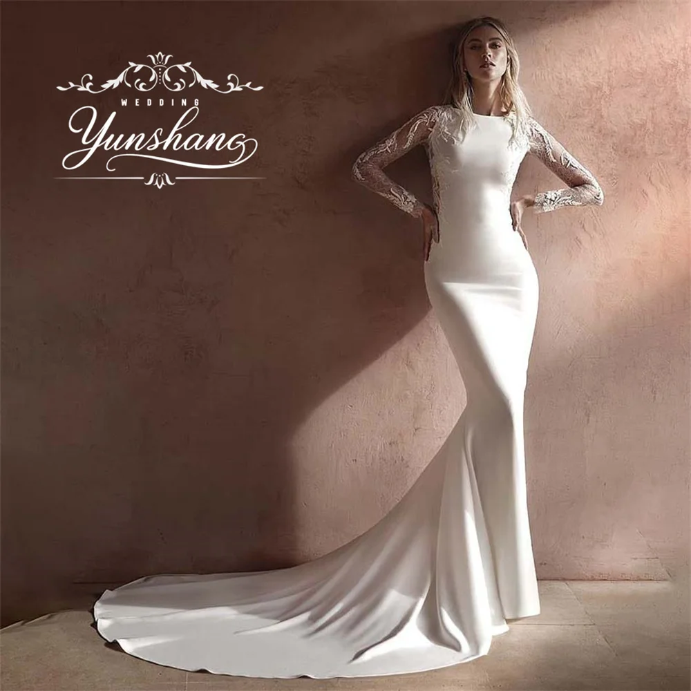 

YunShang свадебное платье русалки с круглым вырезом и длинными рукавами по индивидуальному заказу, с скользящим шлейфом, кружевная вышивка, аппликации, с открытой спиной, элегантное Morden 2025