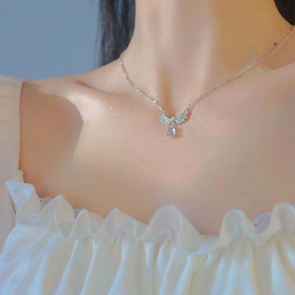 Silver Color Inlaid Zircon Angel Wings Pendant Necklace For Women Girls Clavicle Chain Moonstone Pendant Choker Necklace Gifts