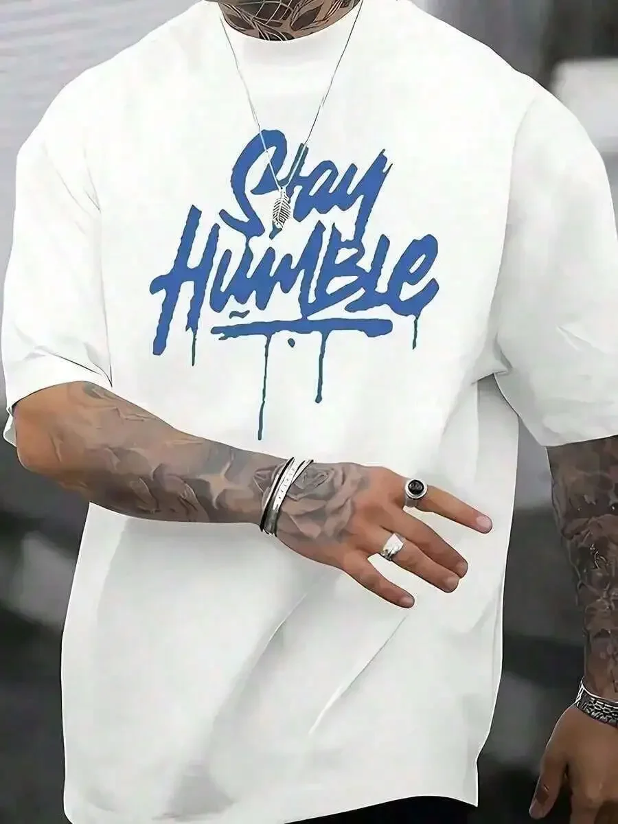 Stay Humble Blue Letter Pattern-Shirt, Men's Everyday Printed-Shirt,Comfortable, Running Errands, Lounging, Or Outdoor Fun Comfo
