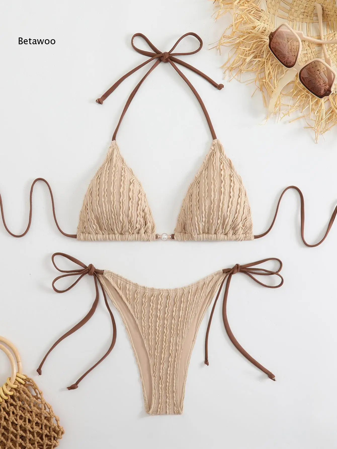 Solid Khaki Contrast Strap Pearl Detail High Cut Bikini Swimwear