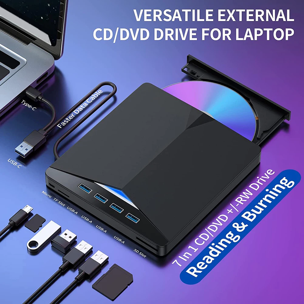 7 In 1 External Drive Portable Optical Drives DVD CD Burner Player Reader for Laptop PC  Windows 11/10/8/7/Linux/ OS