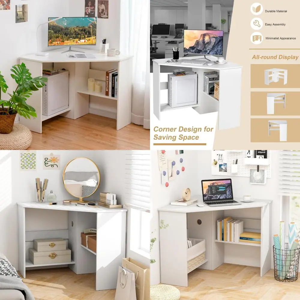 

Compact 90-Degree Triangle Corner Desk for Small Spaces, Computer, Bedroom, Makeup Vanity with Storage Shelves and Chair.