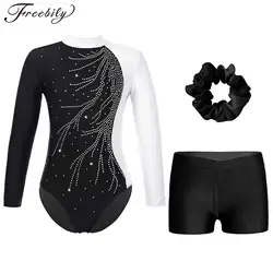 Kids Girls Gymnastic Ballet Dance Outfit Long Sleeve Rhinestone Leotard with Shorts Skating Acrobatics Yoga Sports Swim Bodysuit