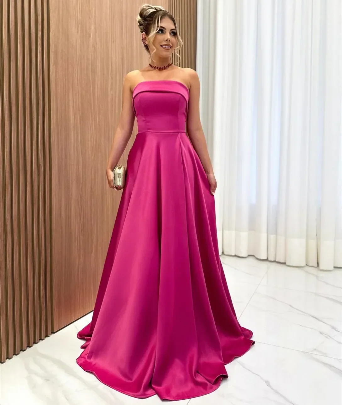 Customized Elegant Long Fuchsia Prom Dresses A-Line Strapless Floor Length Sweep Train Evening Party Dresses for Women