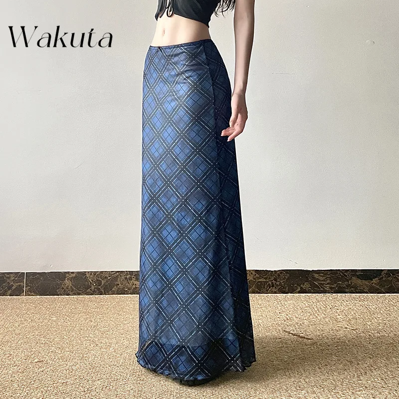 WAKUTA French Retro Plaid Floral Low Waist Knitted Mesh Half-body Skirt Temperament Versatile Skinny Hip A-line Long Plaid Skirt