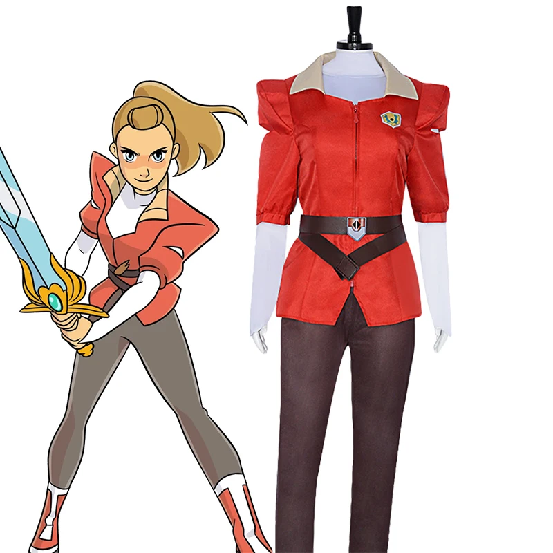 Disfraz de Anime She-Ra Adora, disfraz de princesas del poder, chaqueta roja de manga corta para mujer, conjunto de pantalones marrones, traje de fiesta de Halloween