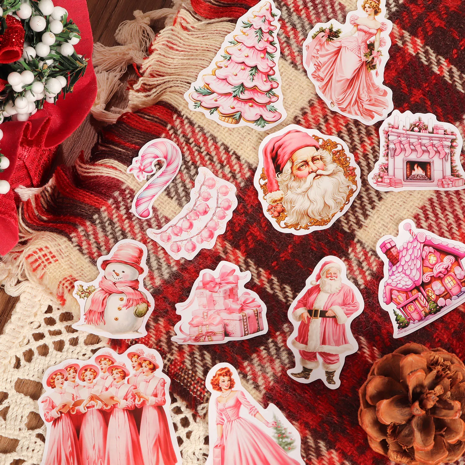 72 Stück rosa selbstklebendes Weihnachts-Scrapbook-Aufkleberpaket, für Scrapbooking-Zubehör, Weihnachtsgeschenk-Dekoration, Clip-Art – Detail 6