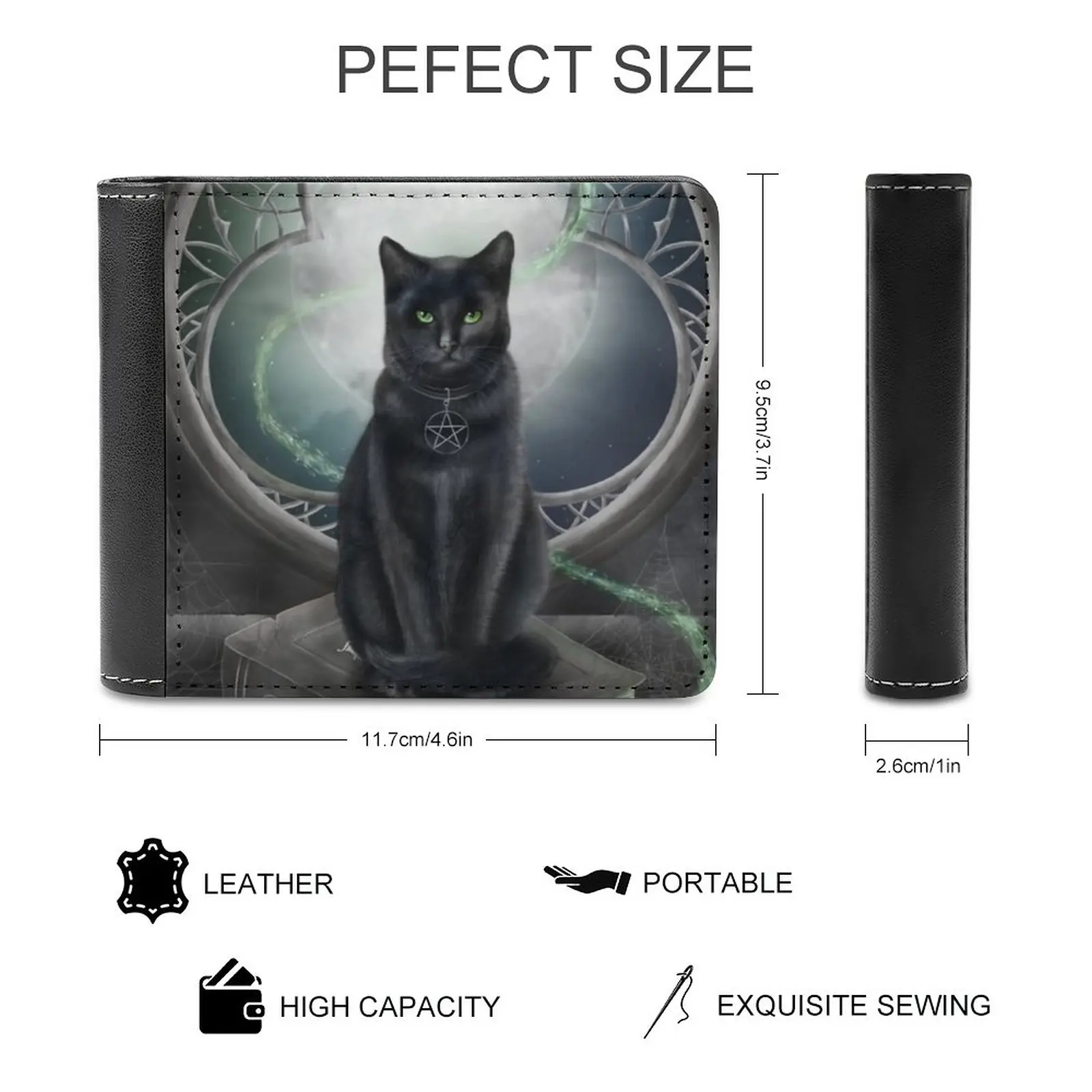A Familiar Cat Leather Wallet Men Classic Black Purse Credit Card Holder Fashion Men's Wallet Cat Witch Pagan Wiccan Magic