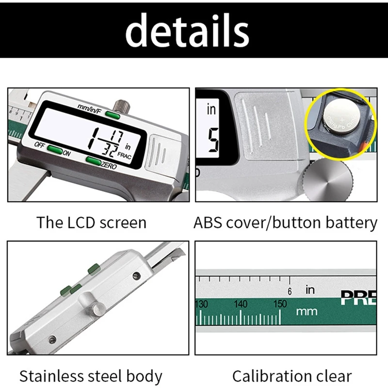 Digital Display Stainless Steel Calipers 0-150Mm 1/64 Fraction/MM/Inch LCD Electronic Vernier Caliper Waterproof