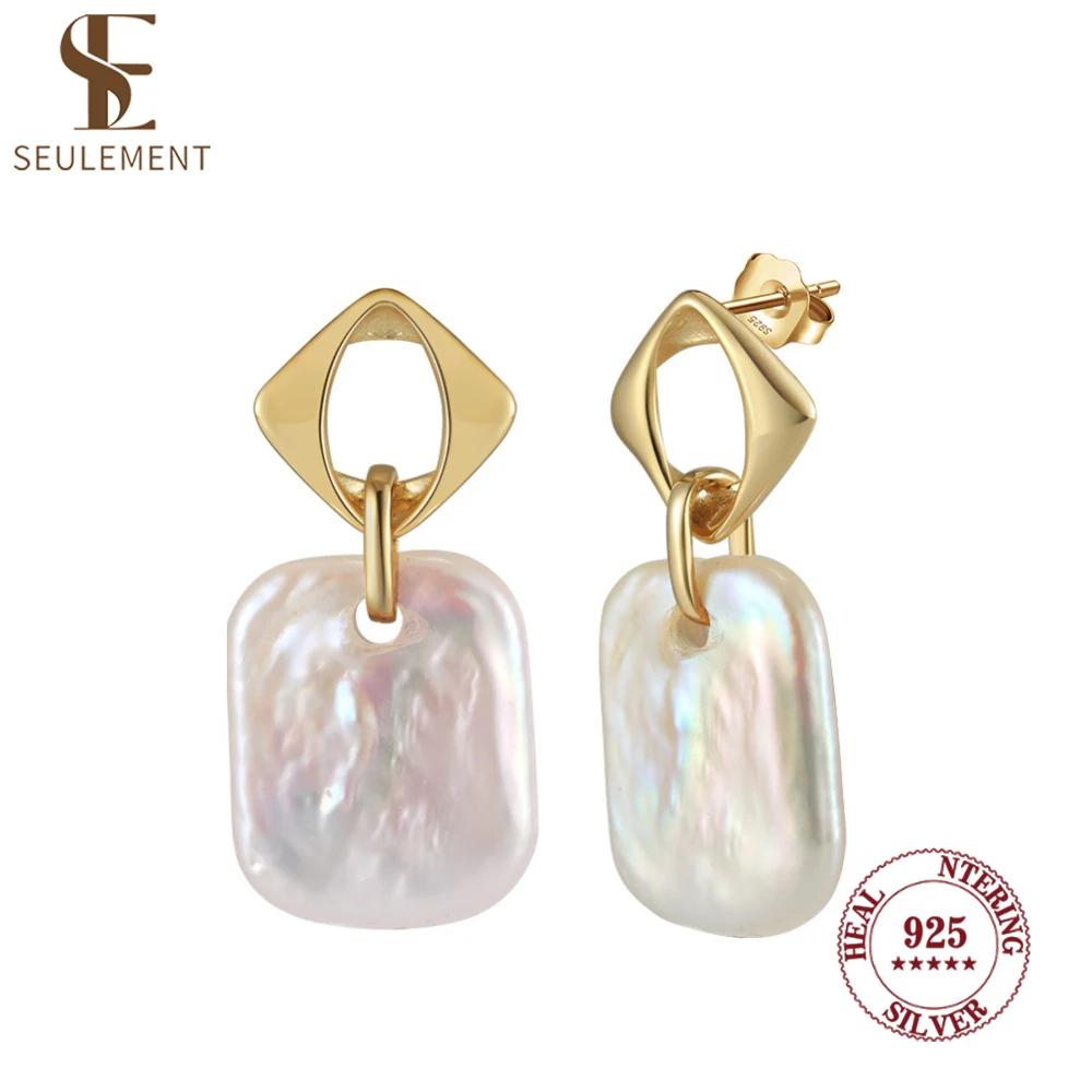

Seulement Natural Freshwater Baroque Pearl Earrings for Women 925 Sterling Silver Square Pearl Stud Earring Luxury Jewellery