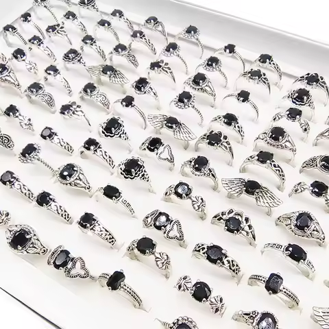 20pcs/50pcs/Lot Wholesale Bohemia Vintage Silver Color Finger Rings for Women Black Acrylic Wing Joint Ring Party Jewelry Girl