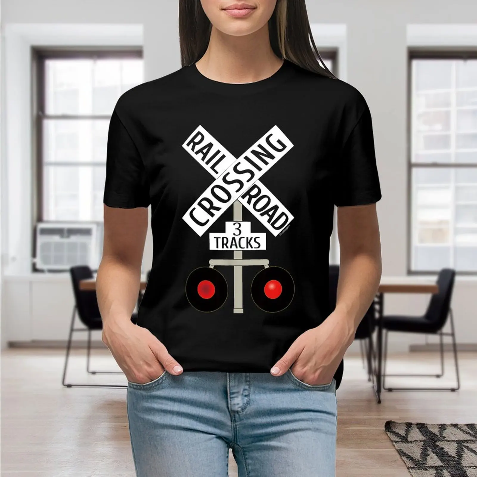 Train Railroad Crossing Lights 3 tracks road sign Women Shirt Graphic Shirt Casual Short Sleeved Female Tee T-Shirt Size S-4XL