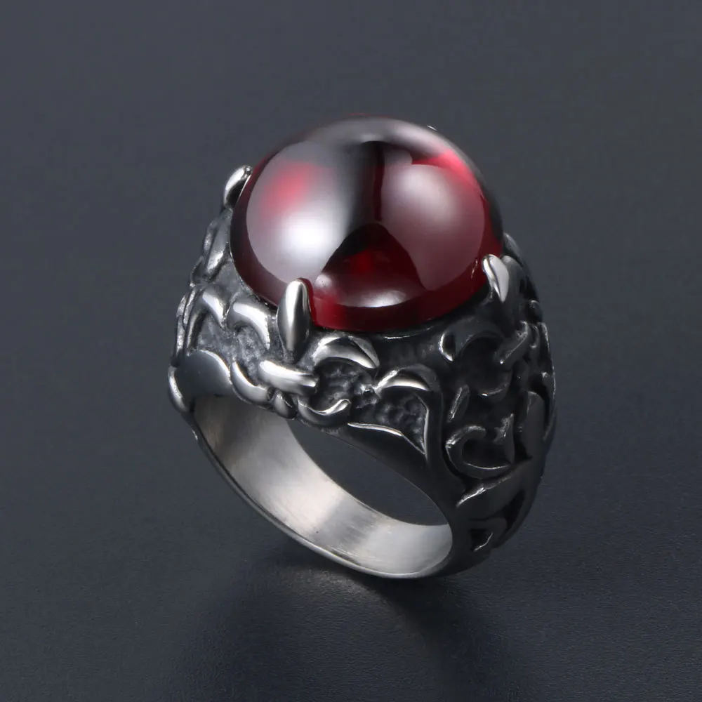 Fashion retro titanium steel red and black gemstone couple ring, personalized trend men's ring