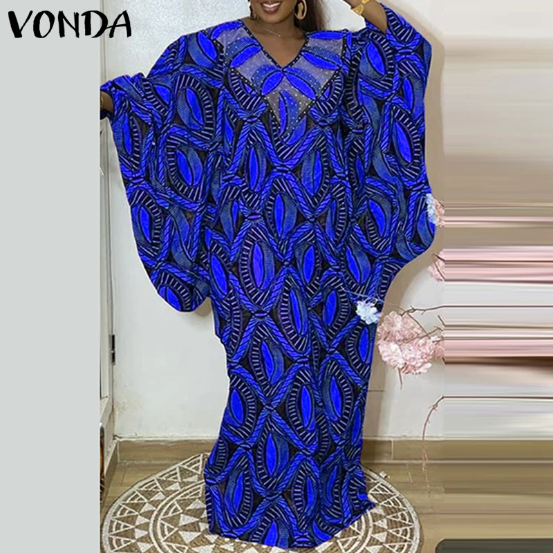 VONDA grande taille robes bohème impression longue Maxi Robe d'été femmes élégant col en v décontracté à manches longues Robe fête robes 5XL