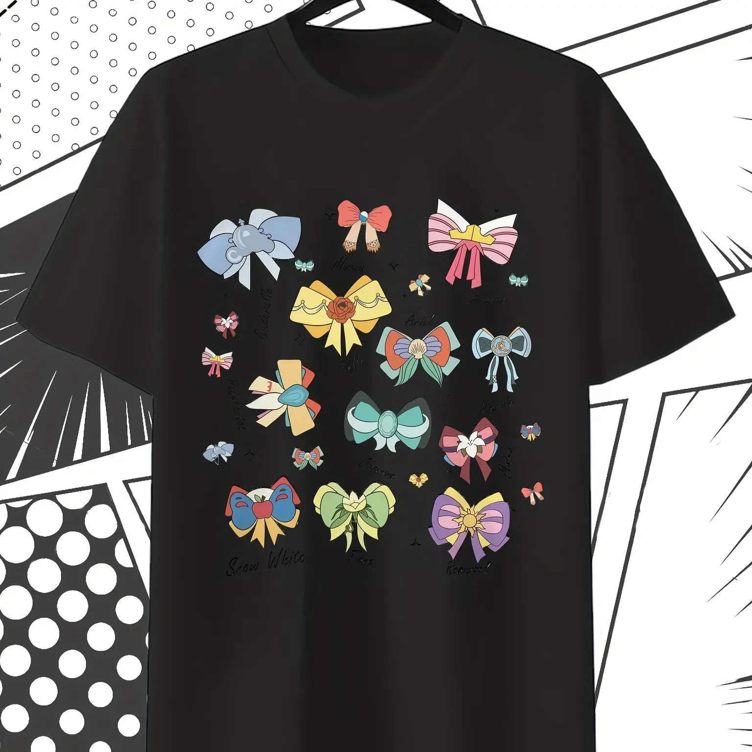 

Футболка с бантом принцессы Диснея — повседневный летний топ с короткими рукавами и круглым вырезом, красочным мультяшным принтом принцессы и бантом