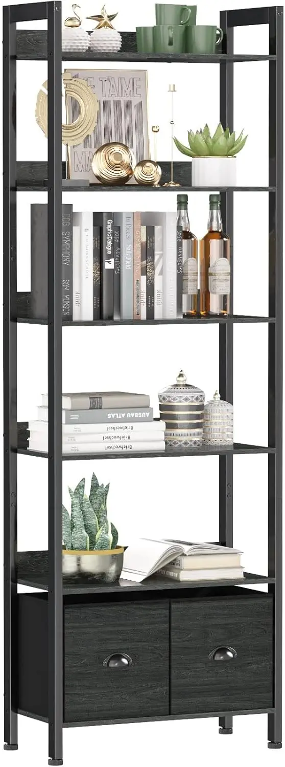 

6-Tier Bookshelf, Tall Bookcase with 2 Drawers Storage Organizer, Industrial Display Free Standing Shelf Units NEW USA