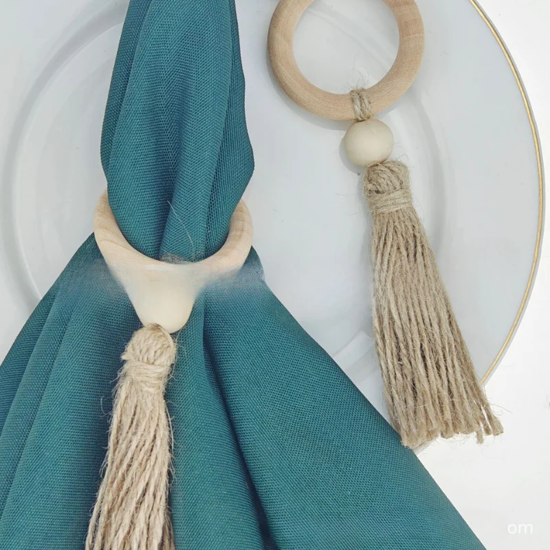 6pcs/lot Nordic Ins Style Hemp Rope, Natural Wood Color, Wood Bead Tassel String, Napkin Clasp, Hand Woven Napkin Ring
