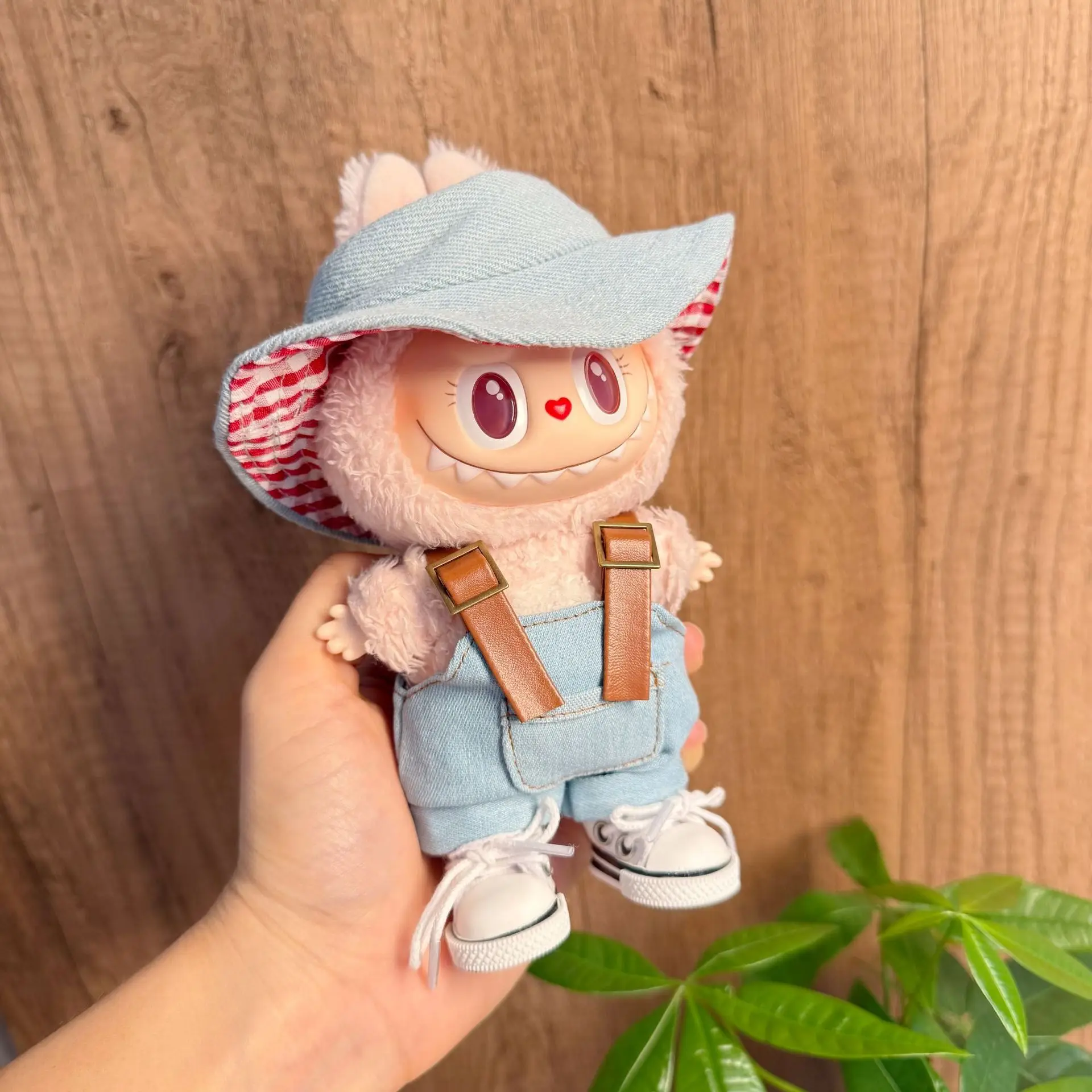 

For 1st to 3rd Gen 15/17cm LABUBU Dolls Universal Fit Denim Overalls Set With Leather-Strap Pockets Includes Hat/Shoes