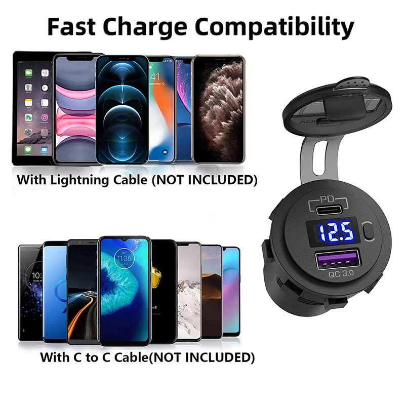 Car Dual USB Charger Quick Charge QC 3.0 & PD USB Charger Socket Adapter With Switch Voltmeter For Trucks RV Motorcycle