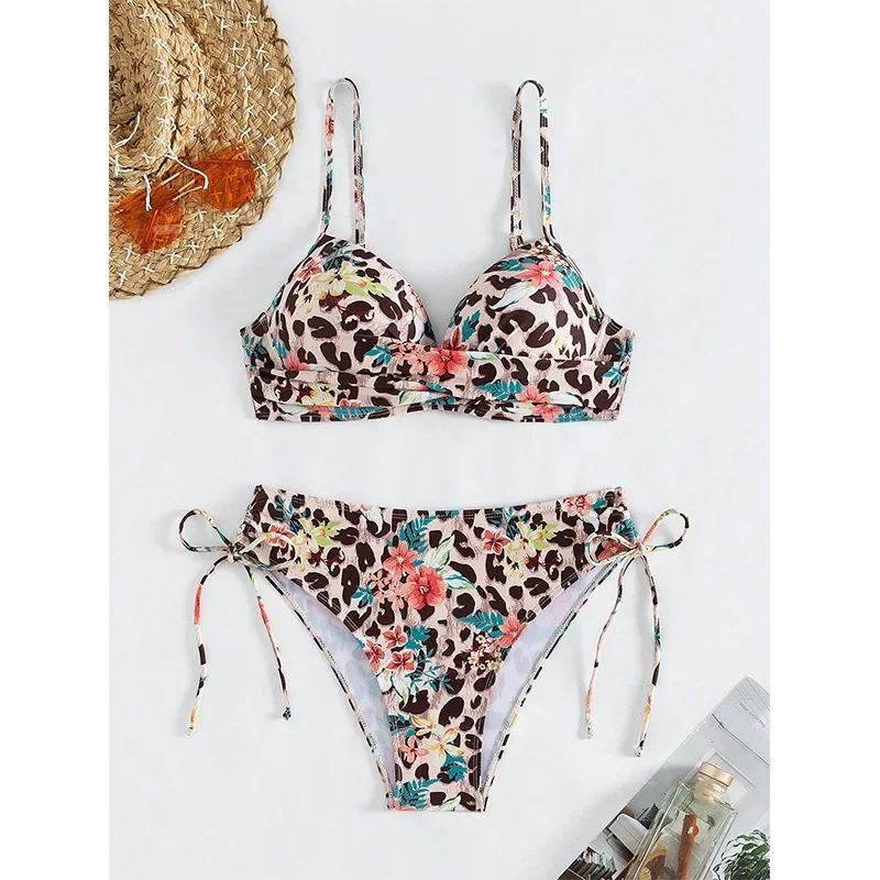 Bikini sexy con lacci con stampa leopardata Costume da bagno diviso a fiori da donna in 2 pezzi a vita alta stile spiaggia bikini estivo da spiaggia