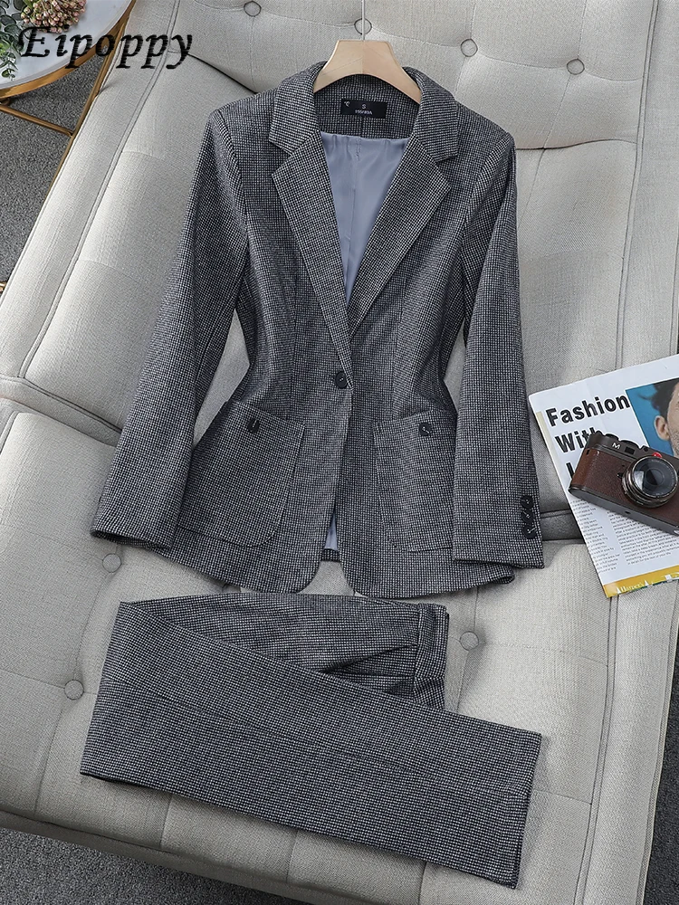 

Autumn Winter Women's Business Pant Suit Blazer Ladies Coffee Gray Plaid Jacket and Trouser Female Work Wear Formal 2 Piece Set